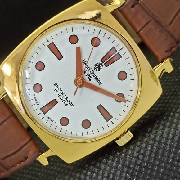 Vintage 1969 Henri Sandoz Mens Gold Watch W/Leather Strap & White Face Brown Acn - Picture 5 of 9